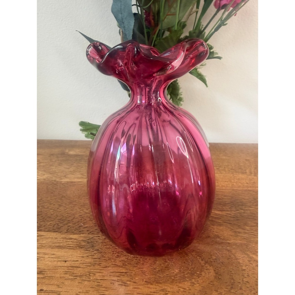 Vintage Cranberry Glass Vase Ruffled Art Glass Rose Bowl Bulbous Ribbed Vase